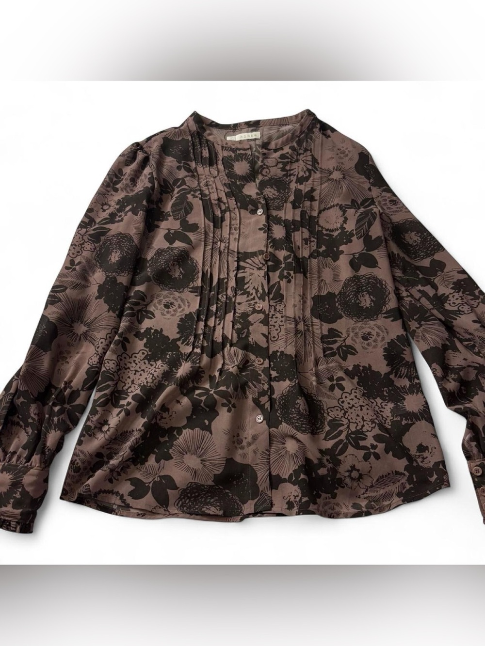 hinge Brown and Black Floral Pintuck Button-Down Blouse